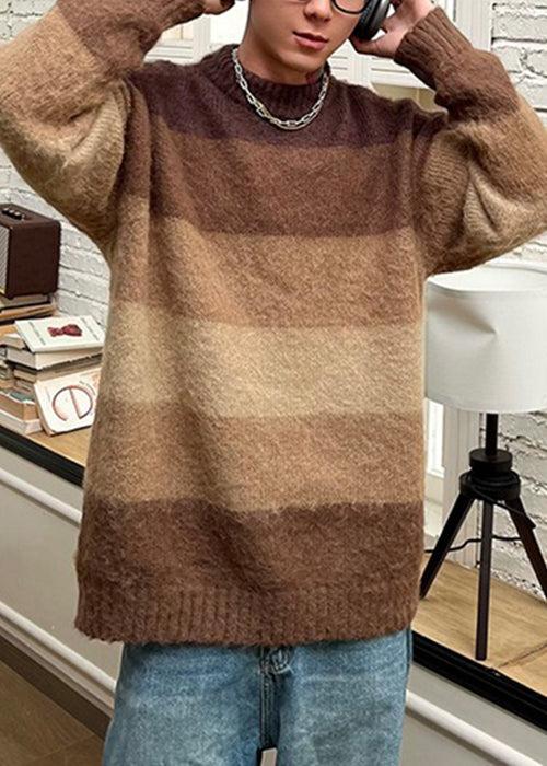 French Brown O Neck Striped Knit Men Sweaters Spring