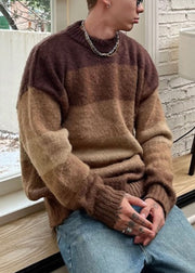 French Brown O Neck Striped Knit Men Sweaters Spring