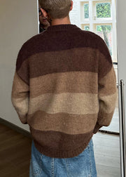 French Brown O Neck Striped Knit Men Sweaters Spring