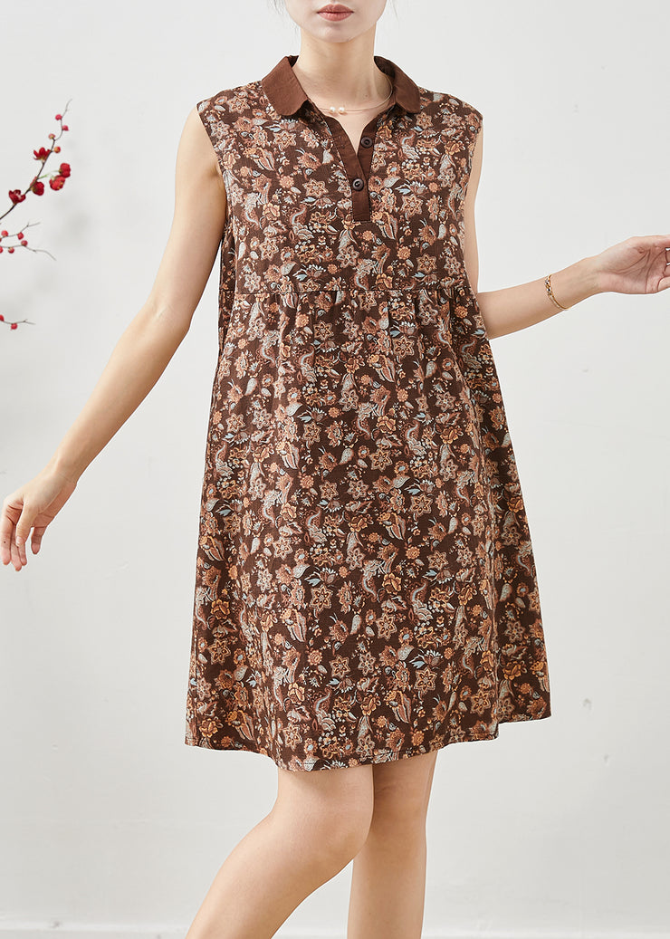 French Brown Peter Pan Collar Print Linen Mini Dress Sleeveless