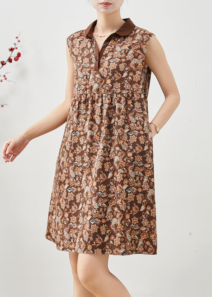 French Brown Peter Pan Collar Print Linen Mini Dress Sleeveless