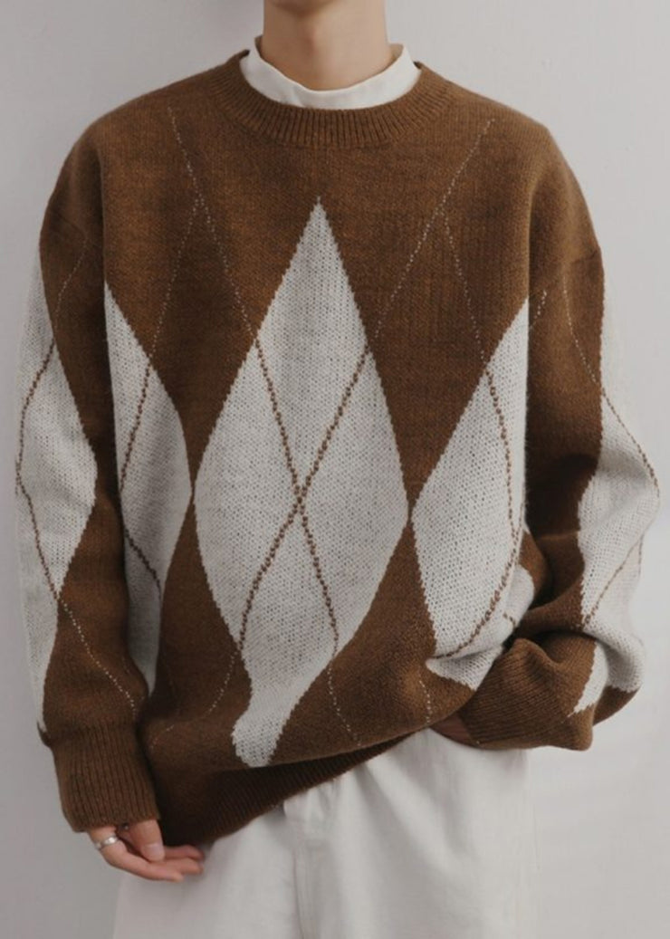 French Brown Plaid O Neck Patchwork Knit Mens Sweaters Spring