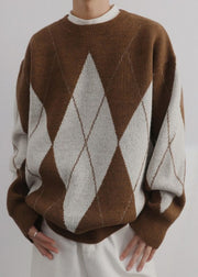 French Brown Plaid O Neck Patchwork Knit Mens Sweaters Spring