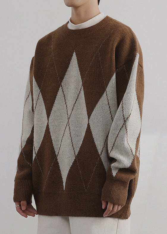 French Brown Plaid O Neck Patchwork Knit Mens Sweaters Spring