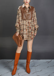 French Brown Plaid Print False Two Pieces Cotton Shirt Fall