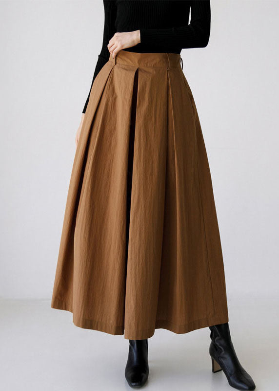 French Brown Pockets High Waist Cotton Wide Leg Pants Spring