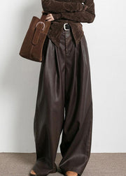 French Brown Pockets High Waist Faux Leather Pants Fall