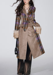 French Brown Pockets Patchwork Woolen Long Coat Spring