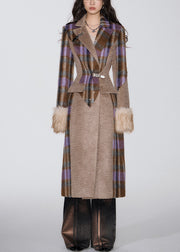 French Brown Pockets Patchwork Woolen Long Coat Spring