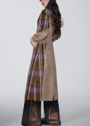 French Brown Pockets Patchwork Woolen Long Coat Spring