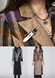 French Brown Pockets Patchwork Woolen Long Coat Spring