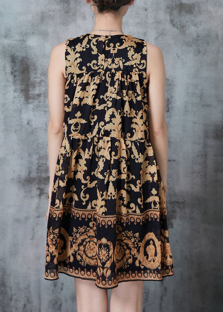 French Brown Print Chiffon Tea Dress Sleeveless