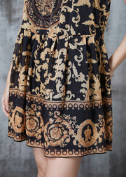 French Brown Print Chiffon Tea Dress Sleeveless