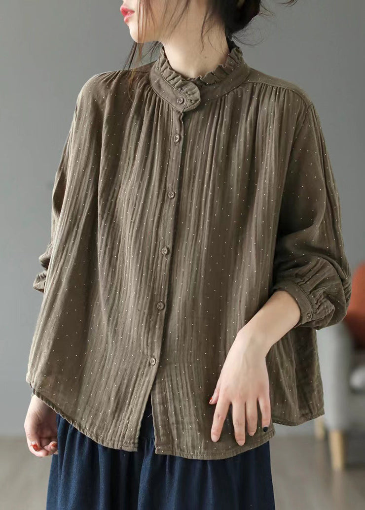 French Brown Ruffled Button Print Cotton Shirt Long Sleeve