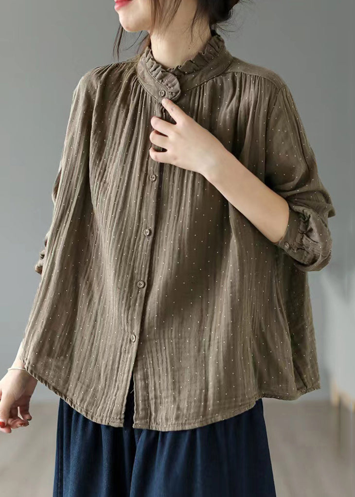 French Brown Ruffled Button Print Cotton Shirt Long Sleeve