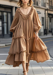 French Brown Ruffled Exra Large Hem Party Dresses Spring