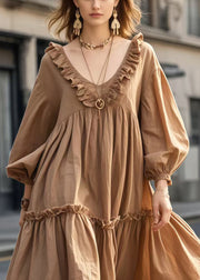 French Brown Ruffled Exra Large Hem Party Dresses Spring