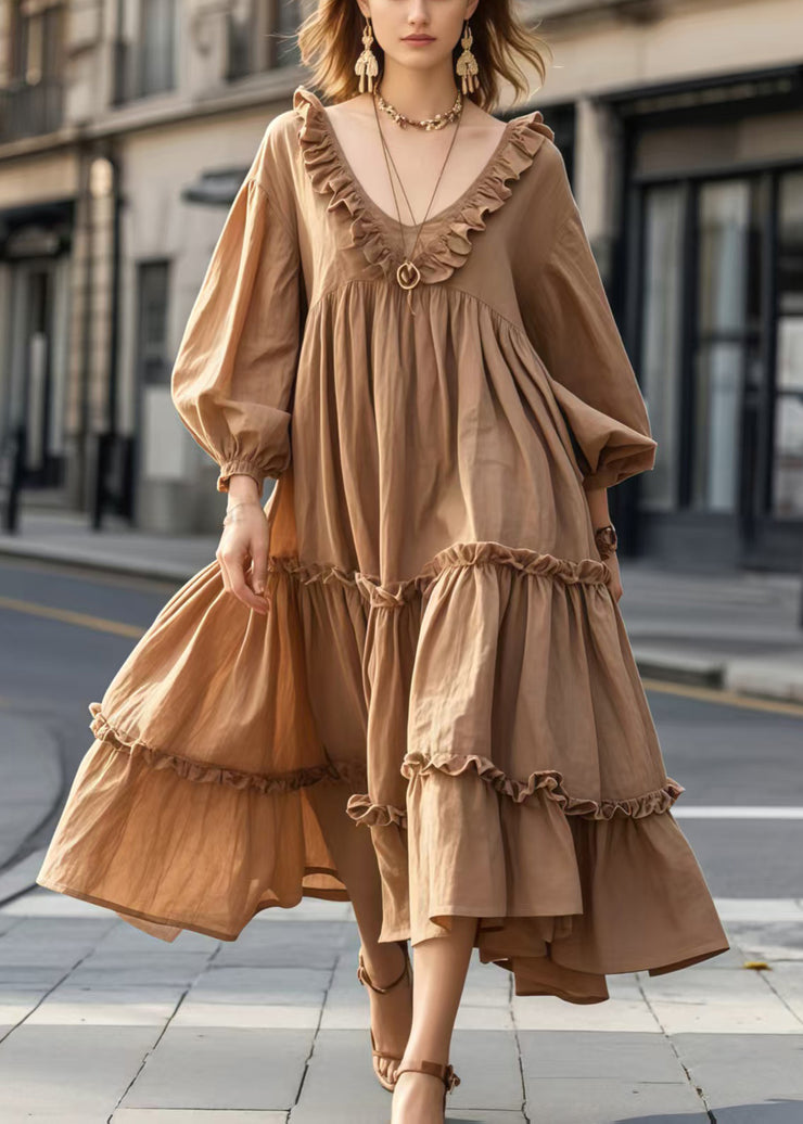 French Brown Ruffled Exra Large Hem Party Dresses Spring