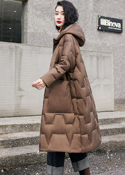 French Brown Solid Hooded Zippered Duck Down Puffers Coats Winter