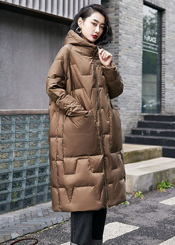 French Brown Solid Hooded Zippered Duck Down Puffers Coats Winter