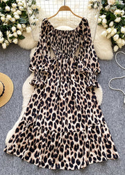 French Brown Square Collar Leopard Print Chiffon Robe Dresses Spring