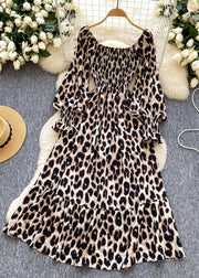 French Brown Square Collar Leopard Print Chiffon Robe Dresses Spring