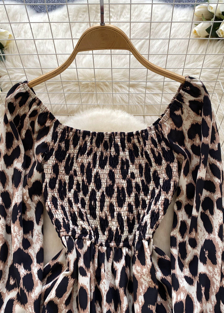 French Brown Square Collar Leopard Print Chiffon Robe Dresses Spring