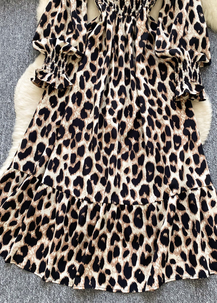 French Brown Square Collar Leopard Print Chiffon Robe Dresses Spring