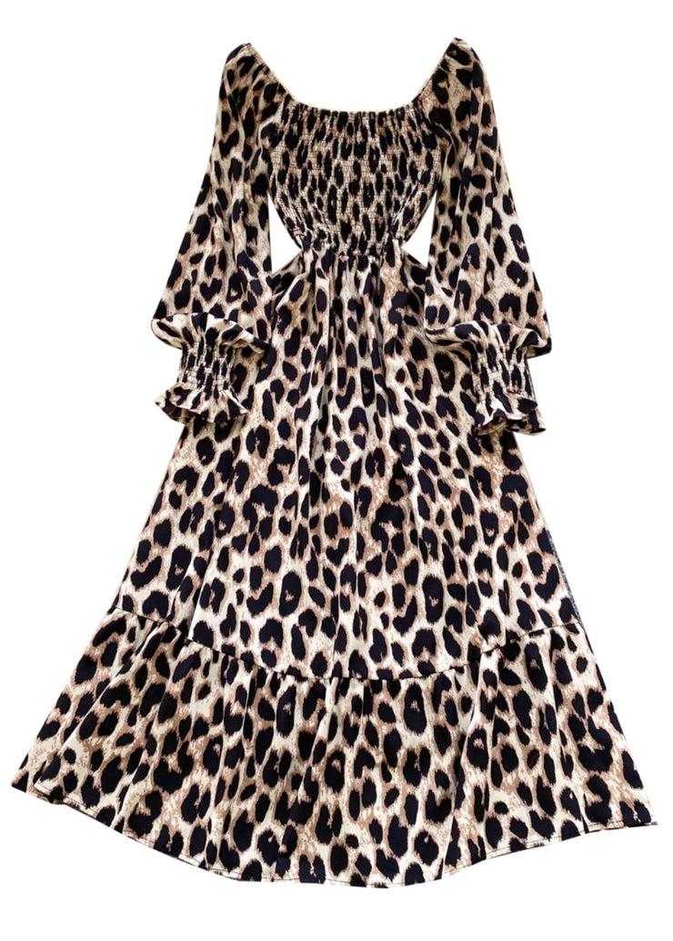 French Brown Square Collar Leopard Print Chiffon Robe Dresses Spring