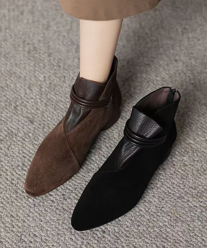 French Brown Suede Splicing Ankle Boots Pointed Toe