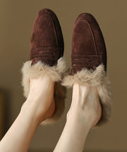 French Brown Suede Splicing Slippers Shoes Fuzzy Wool Lined