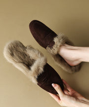 French Brown Suede Splicing Slippers Shoes Fuzzy Wool Lined