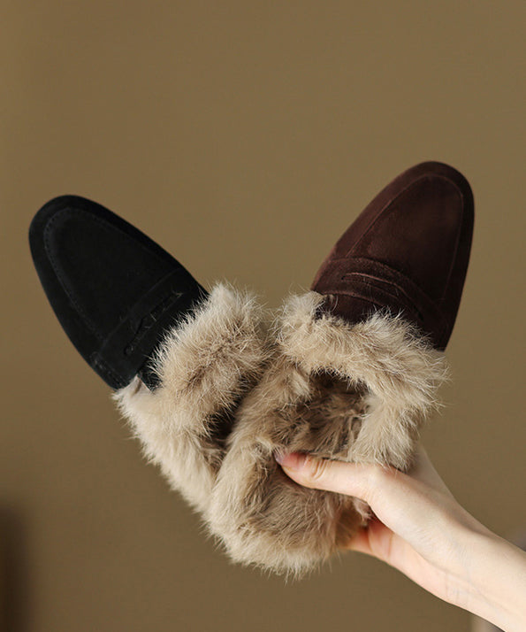 French Brown Suede Splicing Slippers Shoes Fuzzy Wool Lined