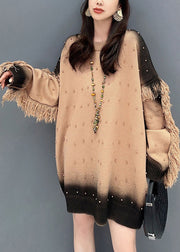 French Brown Tie Dye Tasseled Nail Bead Knit Tops Long Sleeve