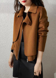 French Brown Zip Up Button Patchwork Woolen Coats Fall