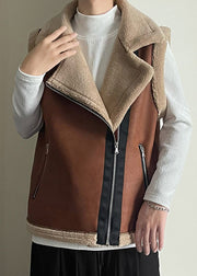 French Brown Zippered Patchwork Fleece Wool Lined Mens Waistcoat Sleeveless