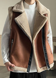 French Brown Zippered Patchwork Fleece Wool Lined Mens Waistcoat Sleeveless