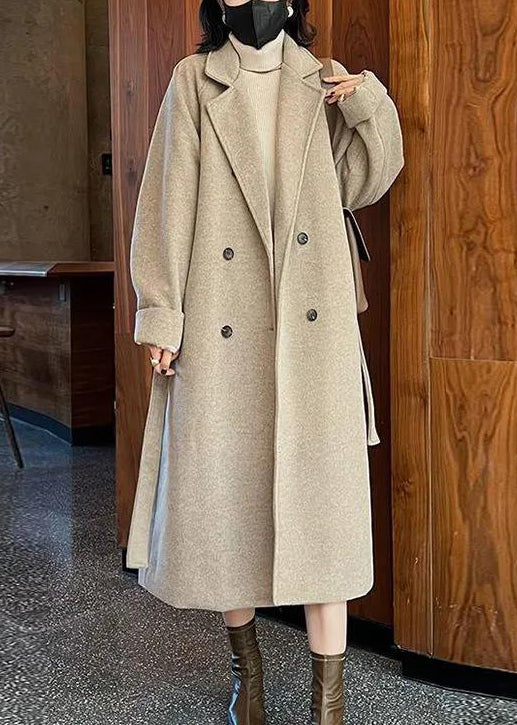 French Camel Button Tie Waist Pockets Thick Woolen Long Coats Winter