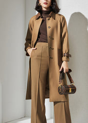 French Camel Button Tie Waist Pockets Woolen Trench Coat Fall