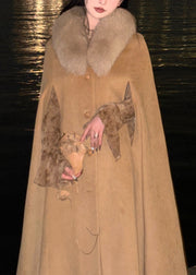 French Camel Fox Collar Pockets Woolen Maxi Coats Winter