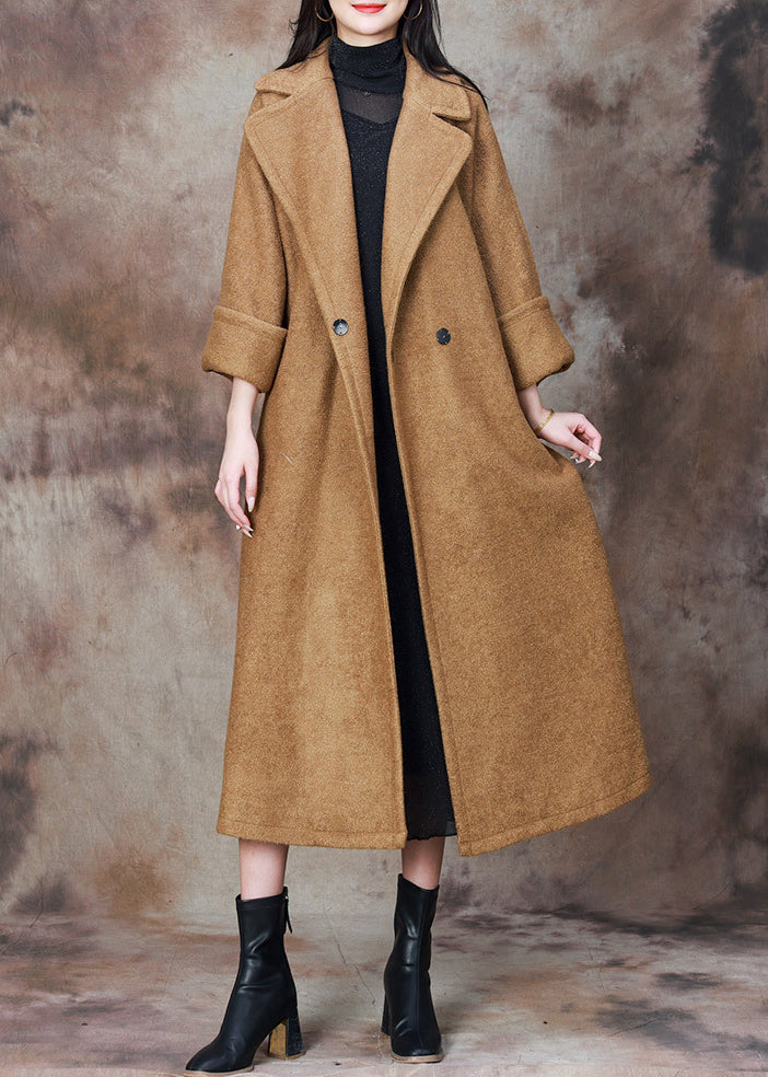 French Camel Notched Button Woolen Long Coat Winter