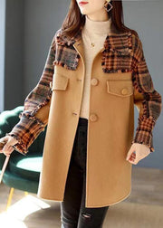 French Camel Plaid Button Patchwork Woolen Coat Winter