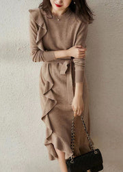 French Camel Ruffled Tie Waist Patchwork Woolen Long Dress Fall