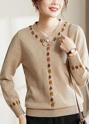 French Camel V Neck Embroideried Thick Knit Sweater Tops Long Sleeve