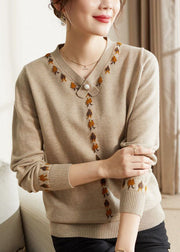 French Camel V Neck Embroideried Thick Knit Sweater Tops Long Sleeve