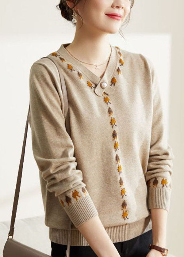 French Camel V Neck Embroideried Thick Knit Sweater Tops Long Sleeve