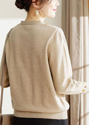 French Camel V Neck Embroideried Thick Knit Sweater Tops Long Sleeve