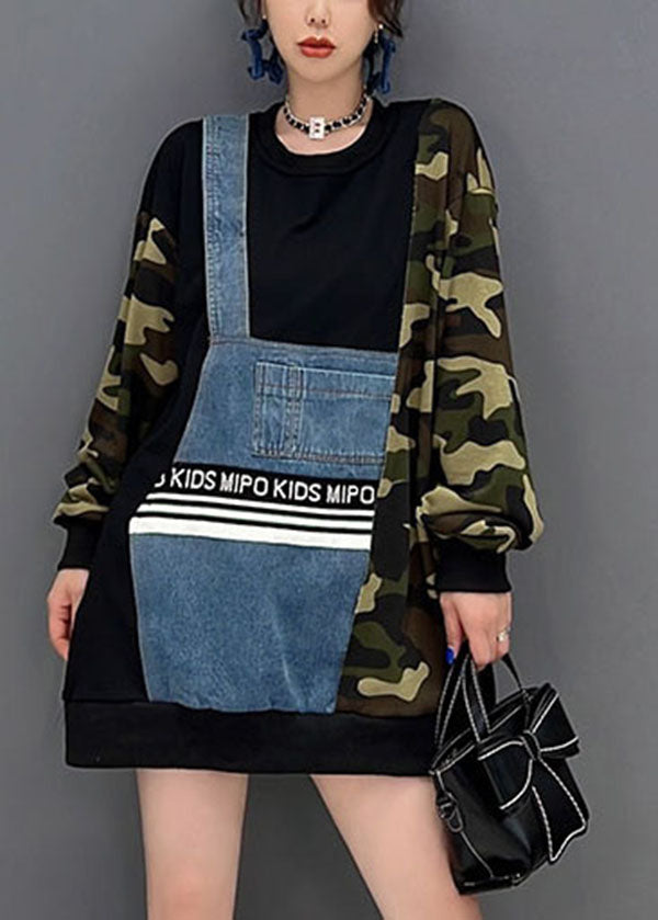 French Camouflage Asymmetrical Patchwork Denim Cotton Loose Sweatshirts Top Fall