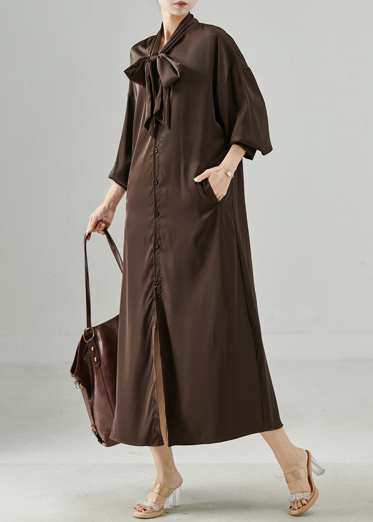 French Chocolate Lace Up Draping Silk Shirt Dresses Spring