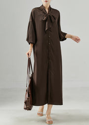 French Chocolate Lace Up Draping Silk Shirt Dresses Spring